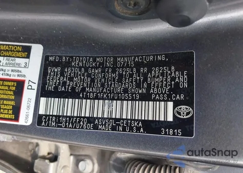 2015 Toyota Camry Se z USA, uszkodzony, nr VIN 4T1BF1FK1FU105519